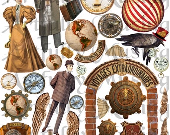 Voyages Extraordinaire #1 Steampunk Collage Sheet- Digital Printable - Instant Download (1668)