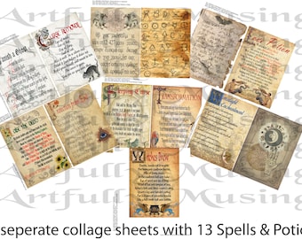 Large Magical Potion Spell Book Pages #1 -  7 Sheet Set- Spells Potions Charms Halloween Collage Sheet- Printable - Instant Download (3004)