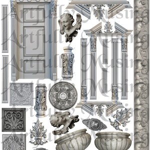 Puede incluir: Una colección de elementos arquitectónicos en un esquema de color gris y blanco. Los elementos incluyen columnas, pilastras, una puerta, un medallón redondo, una escultura de querubín y una maceta.