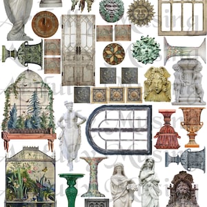 Puede incluir: Un collage de elementos de jardín y conservatorio vintage. Incluye estatuas, urnas, detalles arquitectónicos, una jaula para pájaros y un marco de ventana. La paleta de colores es apagada con tonos de blanco, verde y marrón. El texto en la parte inferior dice "#2204 MINI CONSERVATORY/GARDEN".