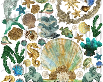 Mermaid Garden #3 Collage Sheet- Digital Printable - Instant Download (1675)