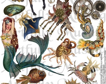 Welcome to Atlantis #2 Mermaids and Steampunk Sea Creatures Collage Sheet- Digital Printable - Instant Download (2254)