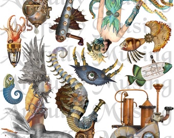 Welcome to Atlantis #1 Mermaids and Steampunk Sea Creatures Collage Sheet- Digital Printable - Instant Download (2250)