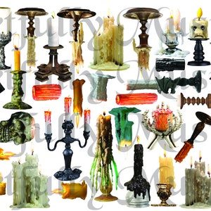 K&ouml;nnte beinhalten: Eine Sammlung von 30 Vintage-Kerzenst&auml;ndern und Kerzen in verschiedenen Stilen und Farben, darunter Schwarz, Gold, Gr&uuml;n, Rot und Wei&szlig;. Einige Kerzen tropfen Wachs und haben ein Sch&auml;delmotiv. Das Bild enth&auml;lt den Text "#2241 Candles" und "MAY BE USED FOR ART FOR RESALE ALL IMAGES COPYRIGHT 2019 ARTFULLY MUSING".