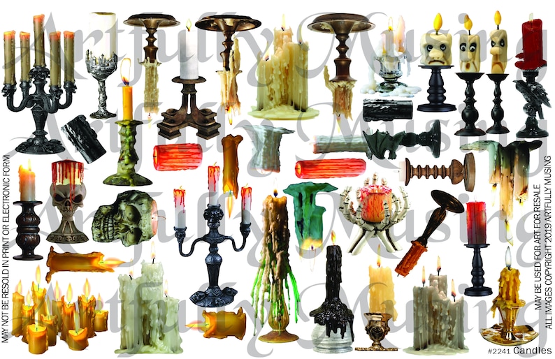 K&ouml;nnte beinhalten: Eine Sammlung von 30 Vintage-Kerzenst&auml;ndern und Kerzen in verschiedenen Stilen und Farben, darunter Schwarz, Gold, Gr&uuml;n, Rot und Wei&szlig;. Einige Kerzen tropfen Wachs und haben ein Sch&auml;delmotiv. Das Bild enth&auml;lt den Text "#2241 Candles" und "MAY BE USED FOR ART FOR RESALE ALL IMAGES COPYRIGHT 2019 ARTFULLY MUSING".