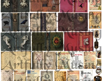 May include: A collection of 24 vintage-style book covers with a witchy theme. The covers feature illustrations of witches, spells, potions, and other magical elements. The books are arranged in a grid pattern and have a distressed, aged look.