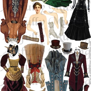 Steampunk Fashion 2 Paper Dolls Collage Sheet Digital Printable Instant Download 1782 image 1