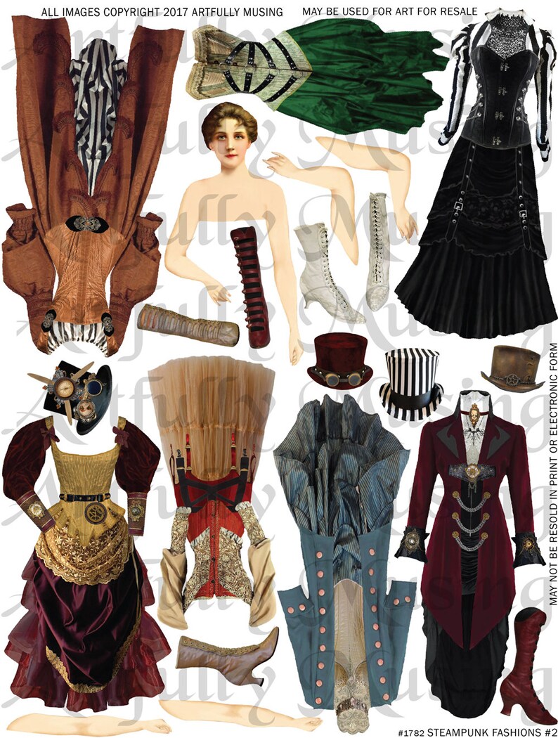 Steampunk Fashion 2 Paper Dolls Collage Sheet Digital Printable Instant Download 1782 image 1