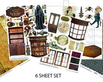 6 Sheet Set - Ghoul & Sons Chemist Grimsley Village Miniature Halloween Collage Sheet- Digital Printable - Instant Download (1693)