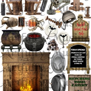 May include: A collection of Halloween-themed digital clipart images, including a fireplace, a cauldron, a skeleton, a toad, a sign that reads "Retching Toad Eatery", and a sign that reads "Boadill Served Fresh Daily".