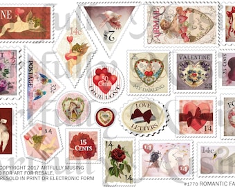 Valentines Romantic Faux Postage Stamps Collage Sheet- Digital Printable - Instant Download (1770)