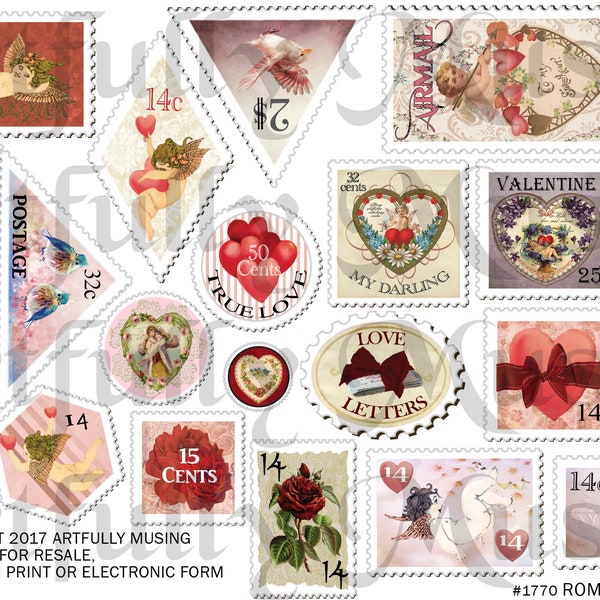 Valentines Romantic Faux Postage Stamps Collage Sheet- Digital Printable - Instant Download (1770)