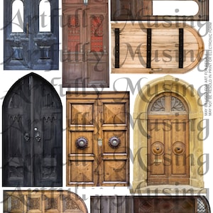 Puede incluir: Un collage digital de diez puertas antiguas, con diferentes estilos y colores, incluyendo madera oscura, madera clara y azul. Las puertas están todas cerradas y tienen detalles intrincados, como tallas, herrajes y paneles de vidrio.