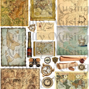 Vintage Maps Ephemera Collage Sheet- Digital imprimible - Descarga instantánea (1666)