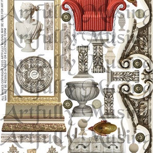 Puede incluir: Un collage digital de imágenes de estilo vintage, que incluye un espejo con marco dorado, un sillón de rayas rojas, un busto de mujer blanco, una cómoda blanca y varios detalles arquitectónicos ornamentados.