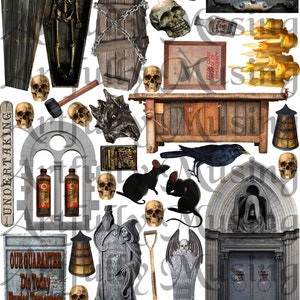 May include: A collection of Halloween-themed digital clipart featuring a variety of spooky elements, including a skeleton, a coffin, skulls, a crow, a tombstone, a lantern, a shovel, and a gothic archway. The clipart is perfect for creating Halloween-themed crafts, decorations, and invitations.