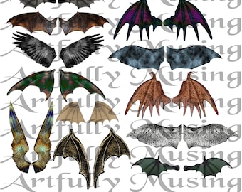 SPOOKY WINGS 12 sets of wings -  Separate Images - Digital Image Set Clip Art - Digital Printable - Instant Download (5004)