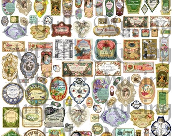 Miniature Perfume Bottle Labels Ephemera Collage Sheet- Digital Printable - Instant Download (1681)