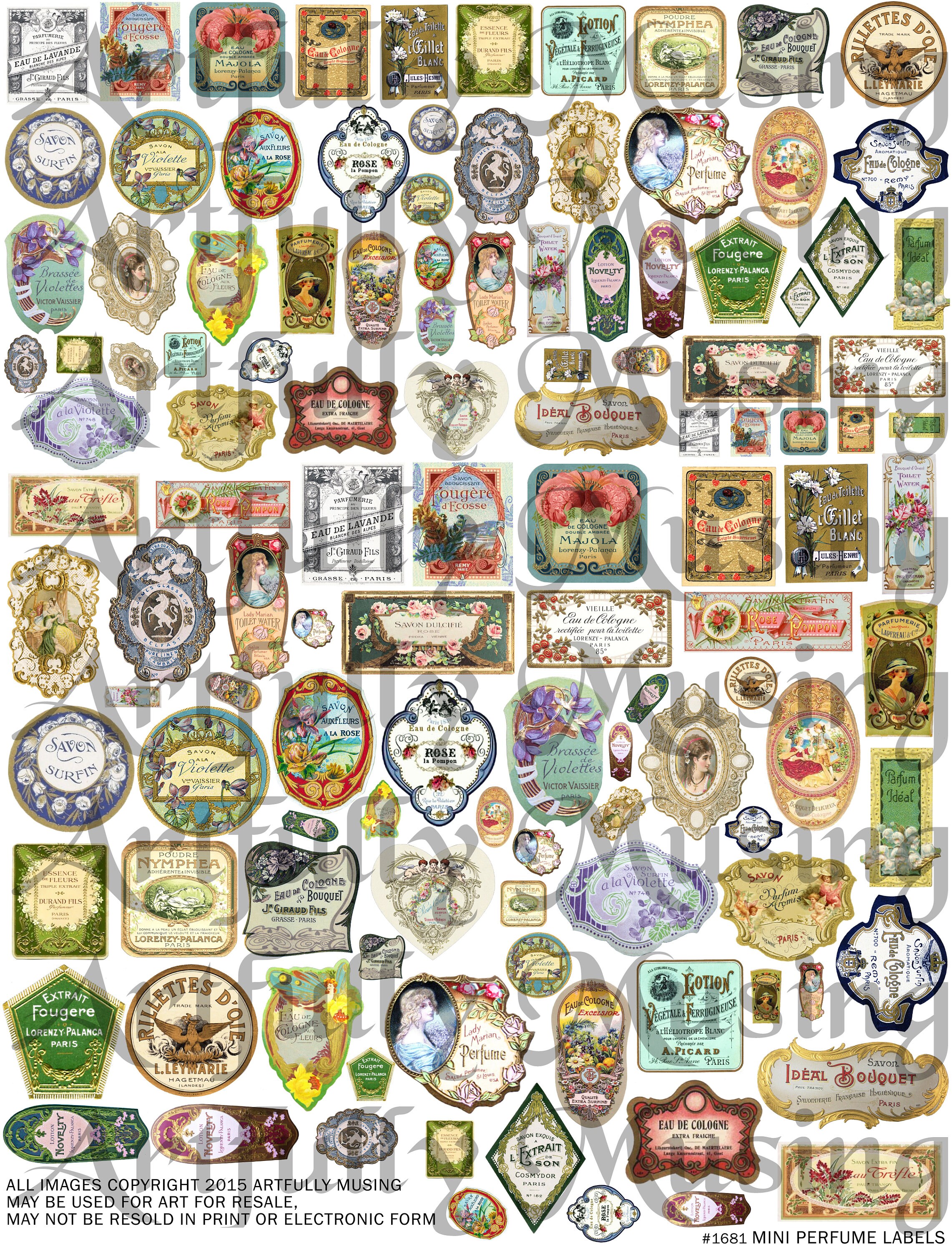 Miniature Perfume Bottle Labels Ephemera Collage Sheet 