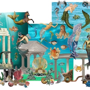May include: A colorful collage featuring mermaids, seahorses, and other mythical creatures in a whimsical underwater scene. The collage includes a variety of colors, including blue, green, gold, and silver. The collage is perfect for adding a touch of whimsy to any room.