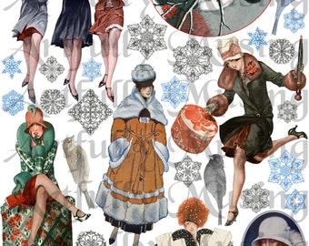 Baby, It's Cold Outside 1920s Women Dressed For Winter Collage Sheet- Digital Printable - Instant Download (1639)