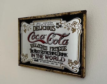 Vintage Coca-Cola Advertising Mirror – “Relieves Fatigue” Retro Wall Decor – Small Gold Framed Mirror