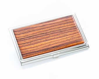 Exotic Wood Business Card Case – Steel, Holds 15 Cards