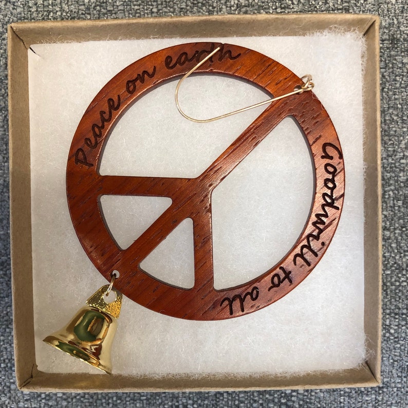 Peace Sign Christmas Ornament in Maple with Quotes by John Lennon or Elie Wiesel image 4