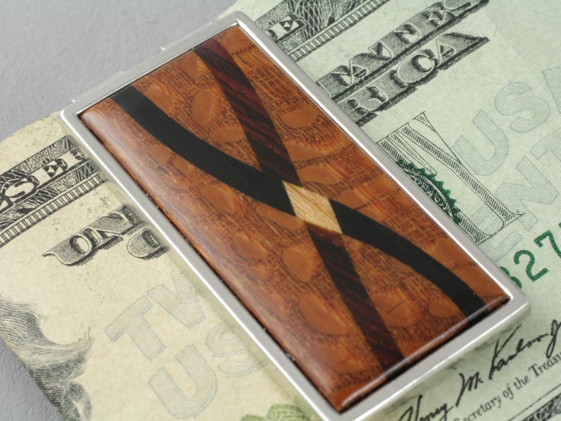 Money Clip Inlaid Wood. Cocobolo, Ebony, or Lacewood with assorted hardwood inlays. Gift for husband, brother, boyfriend and groomsmen. image 4