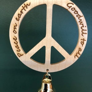 Peace Sign Christmas Ornament in Maple with Quotes by John Lennon or Elie Wiesel image 1