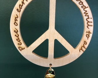 Peace Sign Christmas Ornament in Maple with Quotes by John Lennon or Elie Wiesel