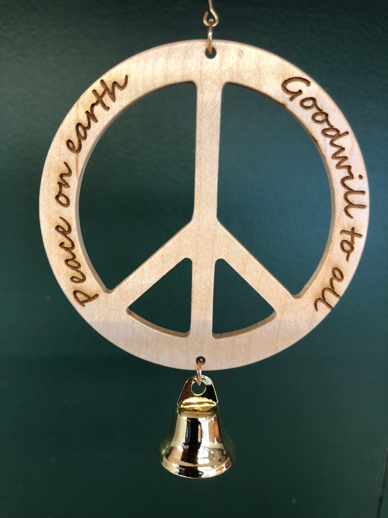 Peace Sign Christmas Ornament in Maple with Quotes by John Lennon or Elie Wiesel image 1