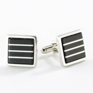 Cuff Links with Silver in  Cocobolo or Ebony with Three Horizontal Stripes. Contemporary Design. Pure Style. Gift for man, wedding attire