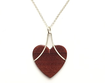 Heart Necklace with Silver and Ebony or Pau Brasil. Gift for Wife, Mom, girlfriend, daughter