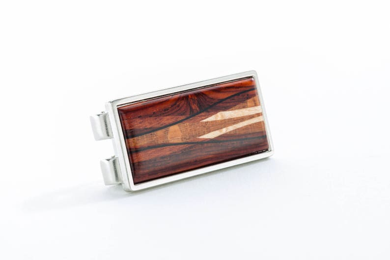 Pince à billets en bois incrusté. Cocobolo, ébène ou bois de dentelle avec incrustations de bois dur assorties. Cadeau pour mari, frère, petit ami et garçons d'honneur. cocobolo (reddish)