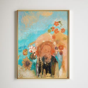 May include: An abstract painting in a gold frame. The artwork features a figure with a long white beard, surrounded by orange and white flowers against a blue and peach background. The painting has a textured appearance.