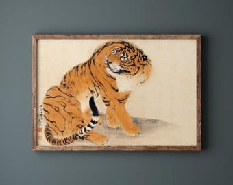 Sitting Tiger Print | Vintage Japanese Art | Japandi Poster | Digital Download