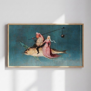 Puede incluir: Impresión enmarcada de una pintura que representa a dos figuras montadas en un pez grande a través de un cielo turquesa. Una figura está vestida de rosa, la otra de color canela. Una caña de pescar con una bola negra cuelga encima. La obra de arte está en un marco de madera.
