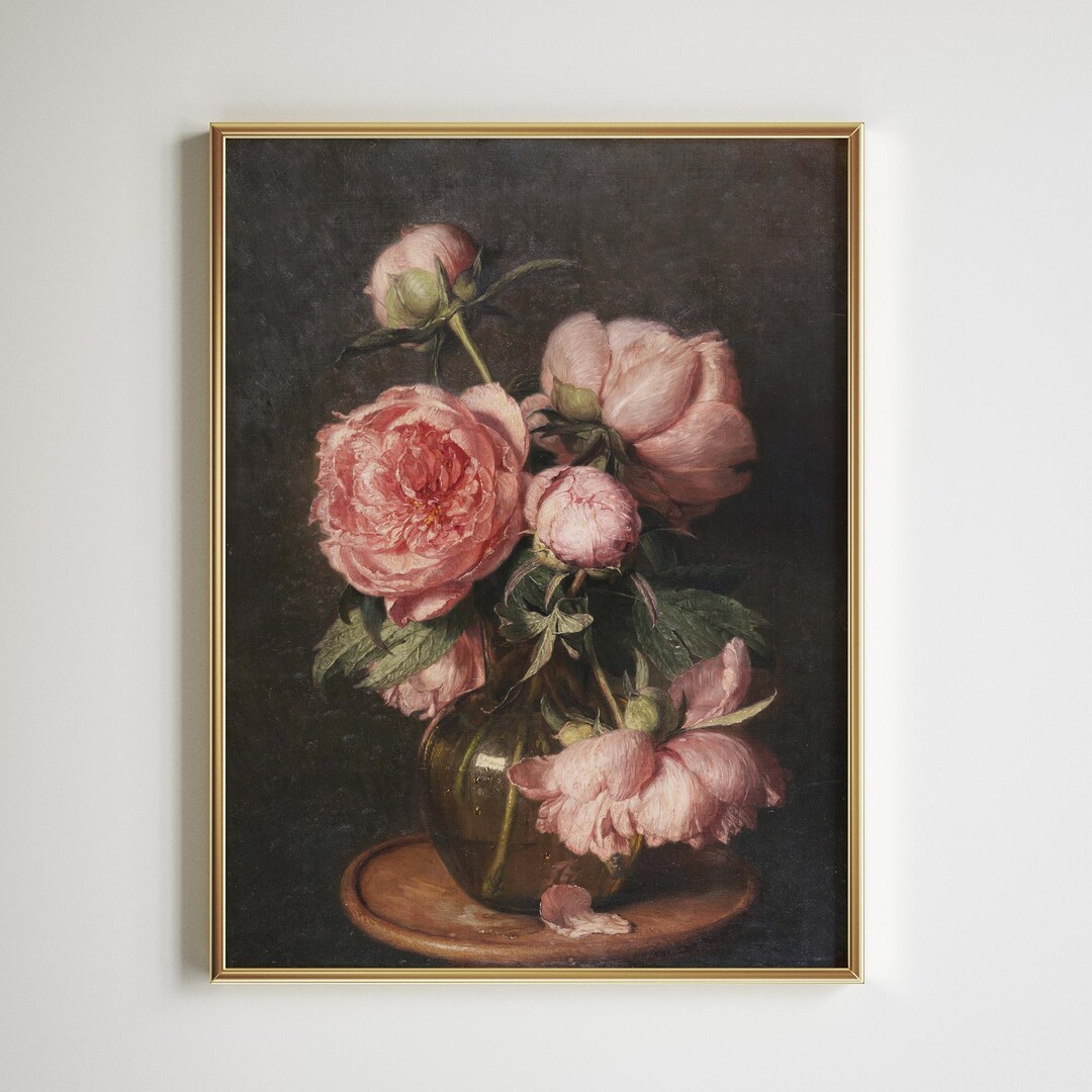 Peony Still Life Print | Pink Floral Vase Art | Vintage Moody Botanical ...
