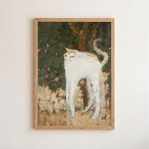 May include: A framed art print featuring a white cat with yellow markings, standing in front of a green and brown background. The artwork is in a wooden frame, adding a rustic touch to the piece.