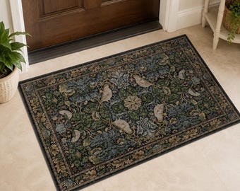Washable Vintage Floral Rug 2x3, Dark Botanical Entryway Rug, Brown Kitchen Mat, Non Slip Door Mat, Rustic Earthy Home Decor Rug