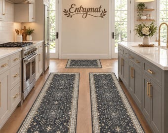 Kitchen Rugs Set of 3 Washable Non Slip Mats, Black Vintage Boho Runner Rug for Kitchen Sink, Stove, Entryway, Bathroom & Laundry Room Decor