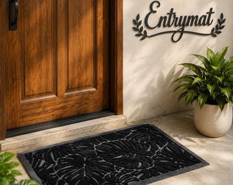 Tropical Leaf Front Door Mat 30x17, Black Welcome Mat, Indoor Outdoor Doormat, Non Slip Entryway Rug, Patio Decor, Easy Clean Floor Mat
