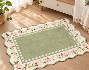 Floral Washable Rug 2x3, Green Kitchen Rug, Non Slip Entryway Rug, Boho Small Area Rug, Scalloped Bathroom Mat, Indoor Bedroom Decor Rug