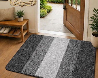 Front Door Mat 32x20, Indoor Outdoor Non Slip Doormat, Dirt Trapper Entryway Rug, Washable Low Profile Grey Striped Floor Mat for Entrance