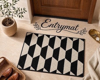 Indoor Outdoor Doormat 20x32, Non Slip Washable Entryway Rug, Black White Geometric Door Mat, Front Door Mat, Low Profile Entry Rug Indoor