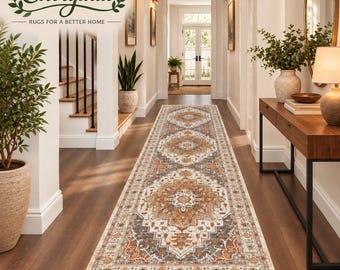 Washable Runner Rug 2x8, Vintage Hallway Runner Rug, Non Slip Kitchen Rug, Turmeric Grey Entryway Rug, Long Narrow Laundry Room Carpet