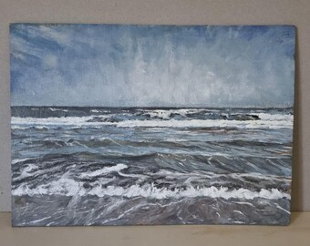 Dipinto mare calmo a olio su cartoncino, Modern seascape painting, Quadro marino realistico originale