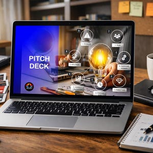Puede incluir: Un portátil muestra una presentación "PITCH DECK" con un fondo degradado azul y amarillo. La pantalla muestra un gráfico de bombilla con iconos circulares. Una taza de café, gafas y un bloc de notas están sobre el escritorio de madera.
