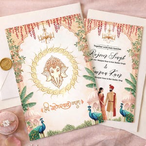 Puede incluir: Tarjetas de invitación de boda con temática india. Las tarjetas presentan ilustraciones de Ganesha, pavos reales y arquitectura tradicional. El texto incluye nombres y la frase "Juntos con sus familias."